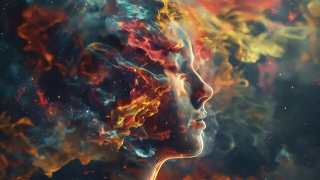 A colorful, abstract painting of a woman's face with smoke and fire surrounding her. The painting conveys a sense of chaos and confusion, as if the woman is lost in a dreamlike state