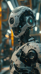 Fototapeta premium Bring the fusion of robotics and psychology to life through innovative camera angles Emphasize the contrast between sleek mechanical parts and intricate human emotions in a futuris