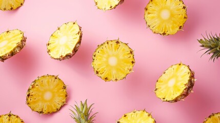 Fototapeta premium Stylish poster featuring artistic arrangements of floating banana slices, with ample negative space drawing attention to the fruit s curve and color