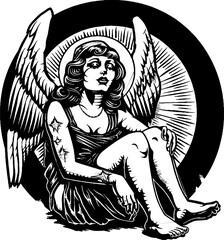 Angel woman gothic tattoo icon, y2k aesthetic, vector 90s vintage glam, black and white urban print. Monochrome vintage photocopy effect. Vector illustration for grunge punk surreal poster