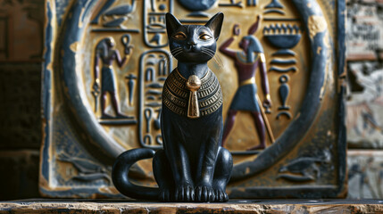 An elegant black cat statue with golden accents in front of an Egyptian hieroglyphic background.