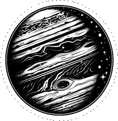 Planet Jupiter gothic tattoo icon, y2k aesthetic, vector 90s vintage glam, black and white urban print. Monochrome vintage photocopy effect. Vector illustration for grunge punk surreal poster