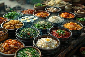 a culinary journey with a table set with various bowls of Asian cuisine, each dish a testament to the region's rich gastronomic heritage.