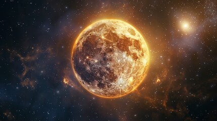 A spectacular golden moon radiates amidst a vibrant cosmic backdrop, highlighting the mesmerizing wonders of the universe.