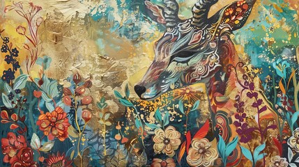 Fototapeta premium abstract floral and animal oil painting on paper with shimmering golden texture whimsical natureinspired art