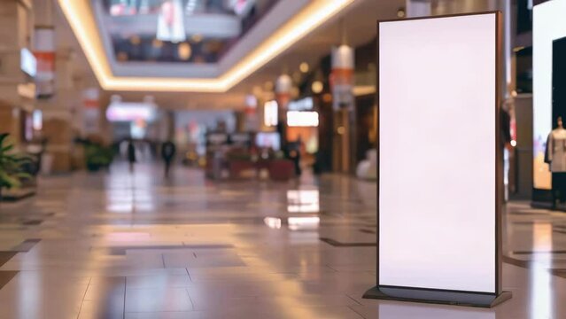 A large white sign stands in a mall. The sign is empty and has no writing on it. The sign is placed in the middle of the mall, surrounded by a large open space
