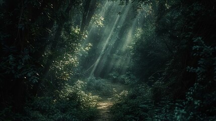 Obraz premium Early morning rays pierce through the thick forest canopy, creating a magical, misty atmosphere on a secluded forest path.