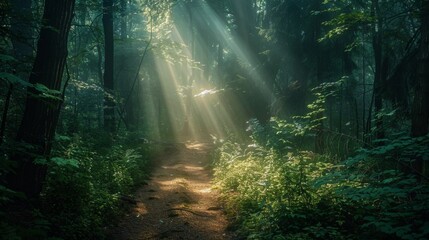 Morning light breaks through the dense foliage, casting ethereal beams along a serene forest path, inviting exploration.