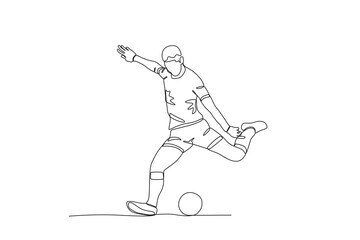 One continuous line drawing of young The football player will shoot the ball. Football freestyle sport concept. Single line draw design vector illustration
