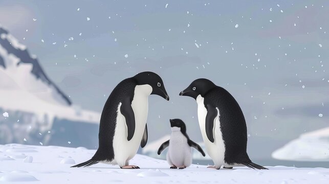 adelie penguin parents greeting newly hatched chick heartwarming antarctic wildlife 8k generative ai illustration