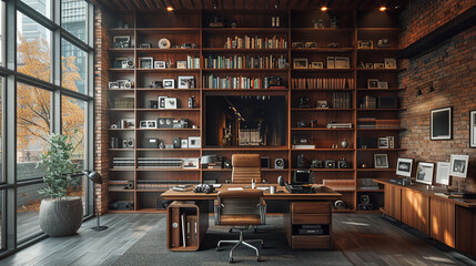 A sleek minimalist desk with a high-backed chair, surrounded by shelves filled with photography books and vintage cameras.