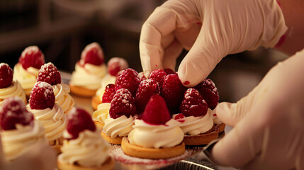 pastry chef making cake with whipped cream, dessert, food, cake, fruit, sweet, cream, raspberry,...