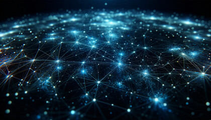 A visually stunning depiction of a digital network, featuring interconnected nodes and lines across a dark background