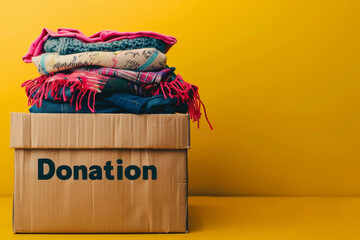 Cardboard box labeled 'donation' filled with colorful folded blankets and clothes, representing clothing donation, stands against a vibrant yellow background, symbolizing altruism and recycling
