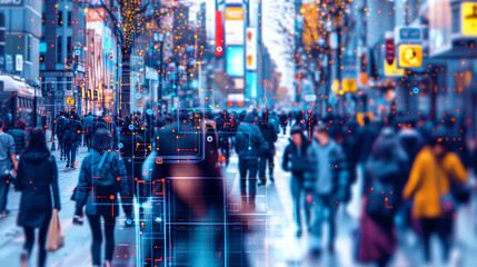 Obraz premium Busy urban street scene with pedestrians overlaid with digital facial recognition technology interfaces.