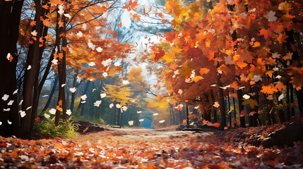 Autumnal Canopy: Depict leaves falling like confetti in an October breeze.