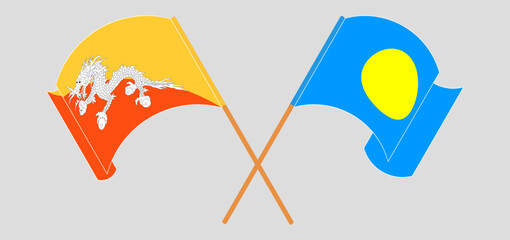 Crossed and waving flags of Bhutan and Palau