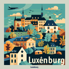 A colorful painting of a town with a plane flying over it. The town is called Luxenburg