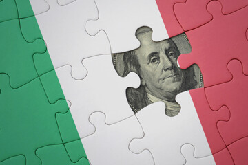 puzzle with the national flag of italy and usa dollar banknote. finance concept