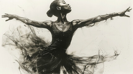 Black charcoal pencil drawing of a young active ballet dancing lady in white background with live performance