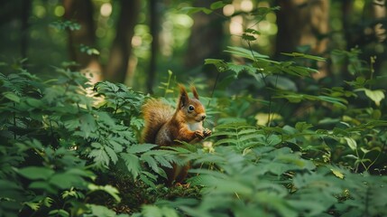 Fototapeta premium cute squirrel exploring lush green forest wildlife animal photography