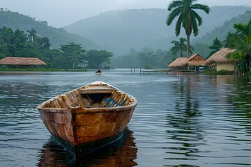 Rustic Boat on Tranquil Tropical Lake with Misty Mountains