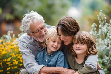 Fototapeta premium portrait of family grandparents with grandchildren in sunny garden
