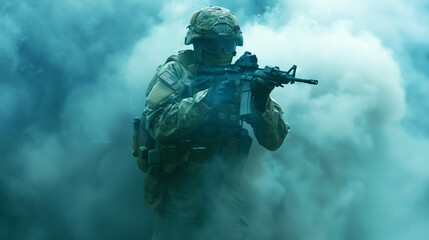 A fully equipped soldier in tactical gear holding a rifle amid a dense cloud of smoke.