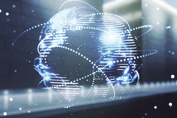 Abstract graphic digital world map hologram with connections on blurry contemporary office building background, globalization concept. Multiexposure