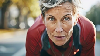 determined woman in her 40s at starting line of outdoor run active lifestyle portrait