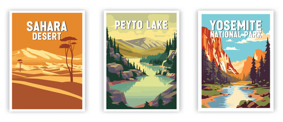 Sahara Desert, Peyto Lake, Yosemite Illustration Art. Travel Poster Wall Art. Minimalist Vector art