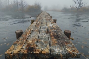 Misty Morning on a Foggy Old Wooden Pier by the Lake