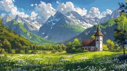 digital painting of quaint church in lush meadow with majestic mountains in background idyllic landscape scene