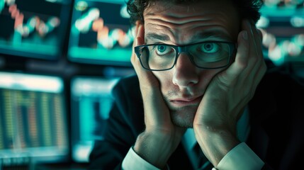 Close-range portrait of a troubled financial analyst scrutinizing stock data on several monitors, capturing the stress of stock market dynamics