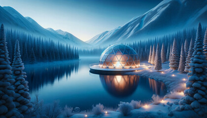 The winter landscape featuring a modern geodesic dome on the edge of a tranquil, snowy lake