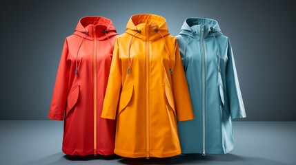 A trio of different colored raincoats lined up in a row