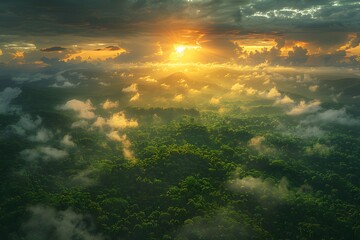 Majestic Sunrise Over Lush Green Forest with Clouds and Sunrays