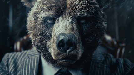 Close-up view of a dejected bear in a business suit, portraying the emotional toll of financial loss, with a sorrowful expression