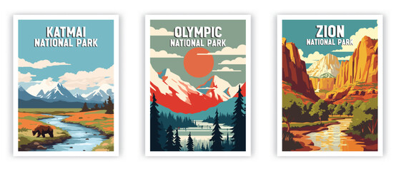 Katmai, Zion National Park Illustration Art. Travel Poster Wall Art. Minimalist Vector art