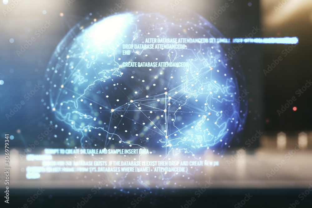 Aufkleber abstract virtual coding illustration and world map on blurry contemporary office building background