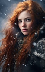 Redhead Woman Portrait. Winter Embrace Captures Stunning Redhead In Hood. Green Against The Frost. Portrait Of Mysterious Beauty Amid Snowy Solitude. Mood Of The Season. Female Character Avatar.