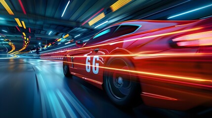 Fototapeta premium Futuristic Tunnel with Sleek Red Race Car with the word 6G