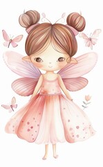 Cute fairy in a pink dress with a simple drawing style on a white background. This cute cartoon design is in the style of a watercolor painting with a pastel color palette