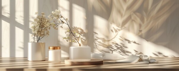 The image shows a still life of three white vases on a wooden table against a beige background