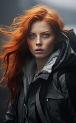 Redhead Woman Portrait. Winter Embrace Captures Stunning Redhead In Hood. Green Against The Frost. Portrait Of Mysterious Beauty Amid Snowy Solitude. Mood Of The Season. Female Character Avatar.