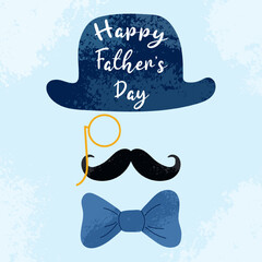 Festive square card with handwritten typography on blue background in flat style. Happy Father's Day concept. Hand drawn hat, pince-nez, moustache, bow tie with grunge textures - obrazy, fototapety, plakaty