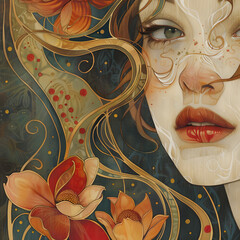 Art nouveau inspired flowing lines and organic geometries.