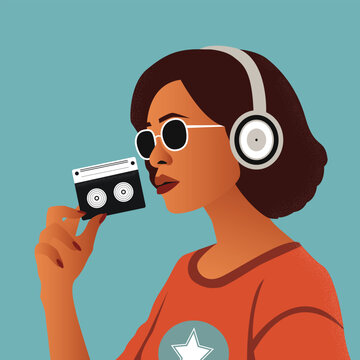 Woman listening to music with a tape recorder. Illustration for world music day. Retro illustrations style