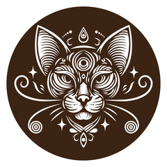 Monohrome illustration on the theme of mystic and esoteric. Head of cat and decorative elements in a circle