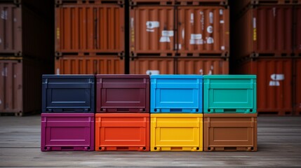 Obraz premium A vibrant row of multicolored boxes resting on a wooden floor
